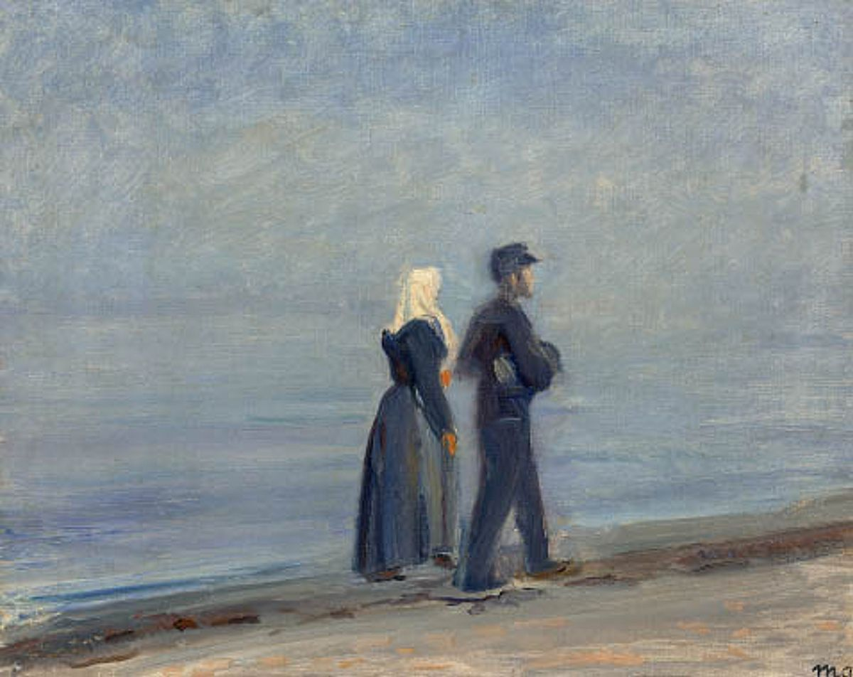 Un pêcheur et sa femme se promènent sur la plage de Skagen. - Michael Peter Ancher image 1 tableau peint à l’huile sur toile