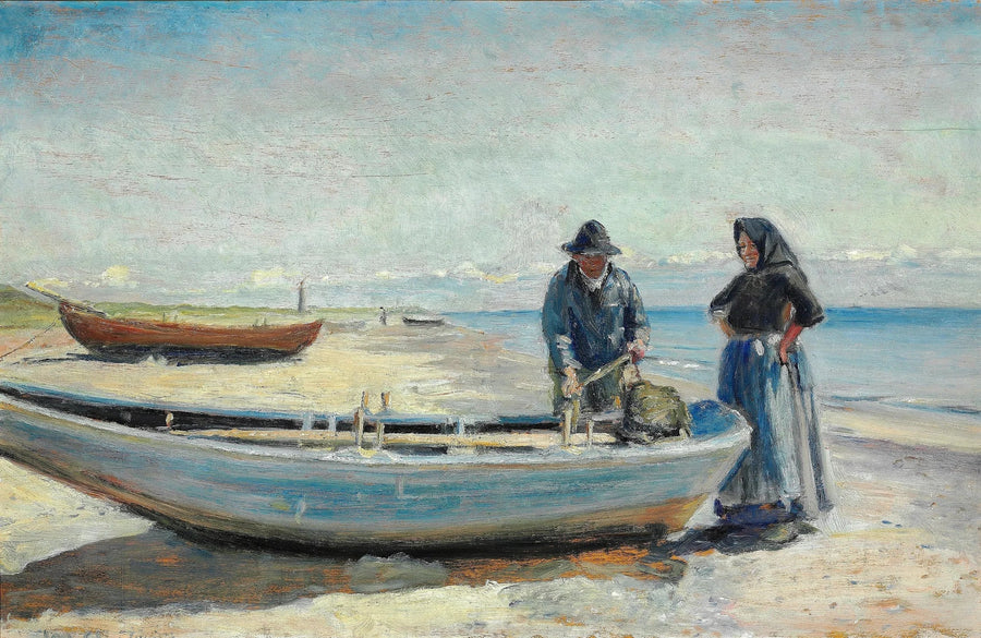 En fisker og hans kone på stranden ved Skagen Sønderstrand, nær en båd. Et fyrtårn tårner sig op i horisonten. - Michael Peter Ancher