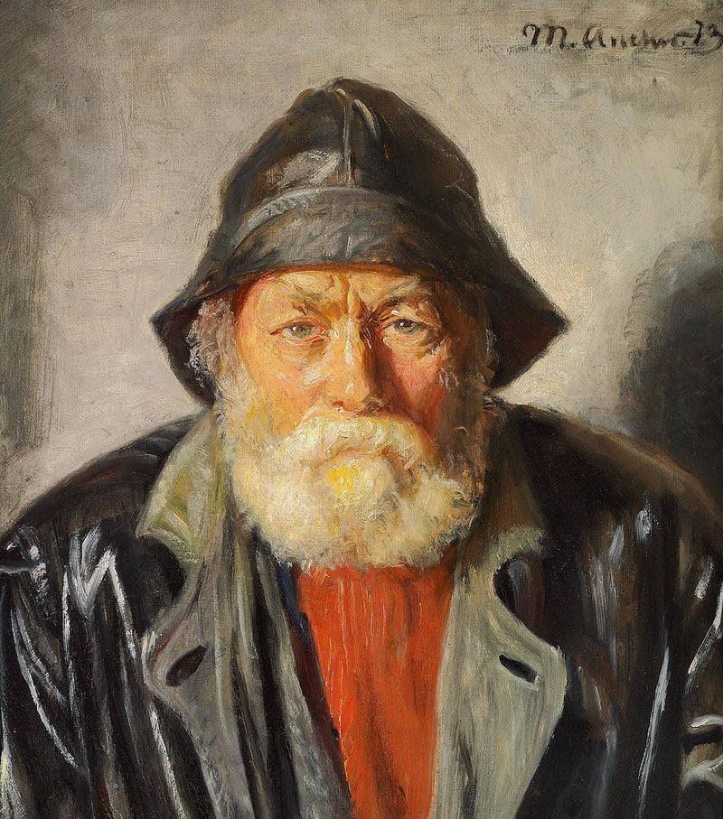 En fisker iført en sort olieskind og frakke og en rød sweater. - Michael Peter Ancher