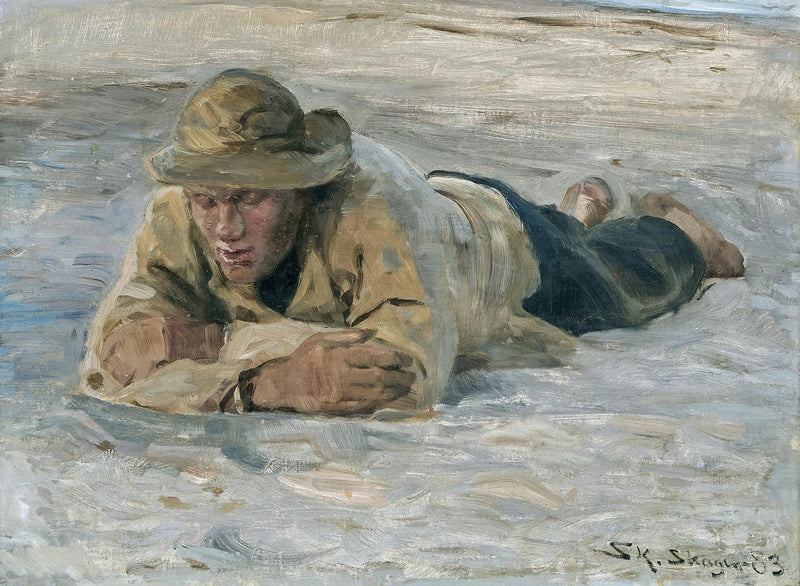 En fisker, der hviler i sandet, brystet mod armene - Peder Severin Krøyer
