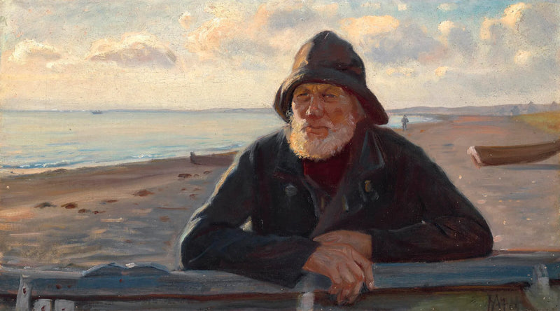 En fisker står i solnedgangens lys på Skagen strand. - Michael Peter Ancher