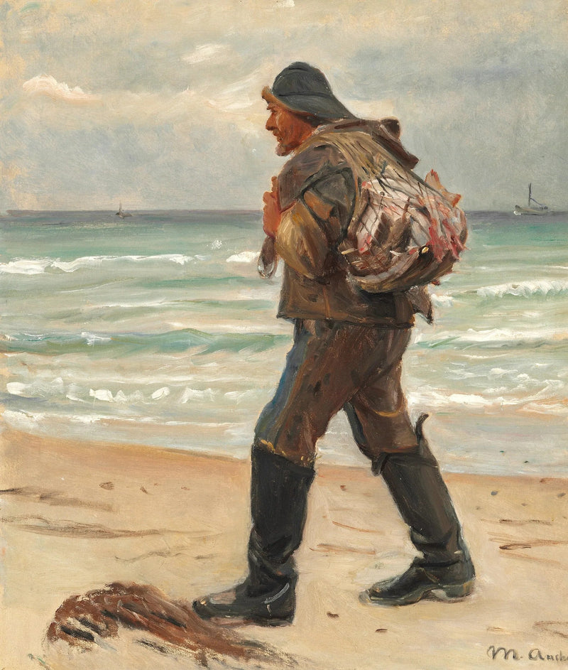 En fisker på Skagen strand bærer dagens fangst på ryggen. -Michael Peter Ancher