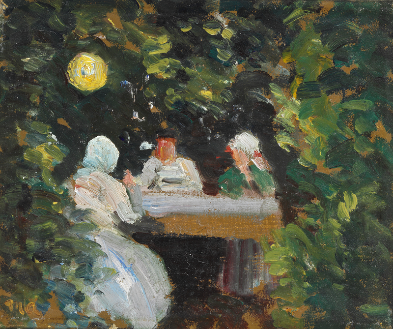 En lille gruppe samlet omkring bordet i lyset fra en kinesisk lanterne - Michael Peter Ancher