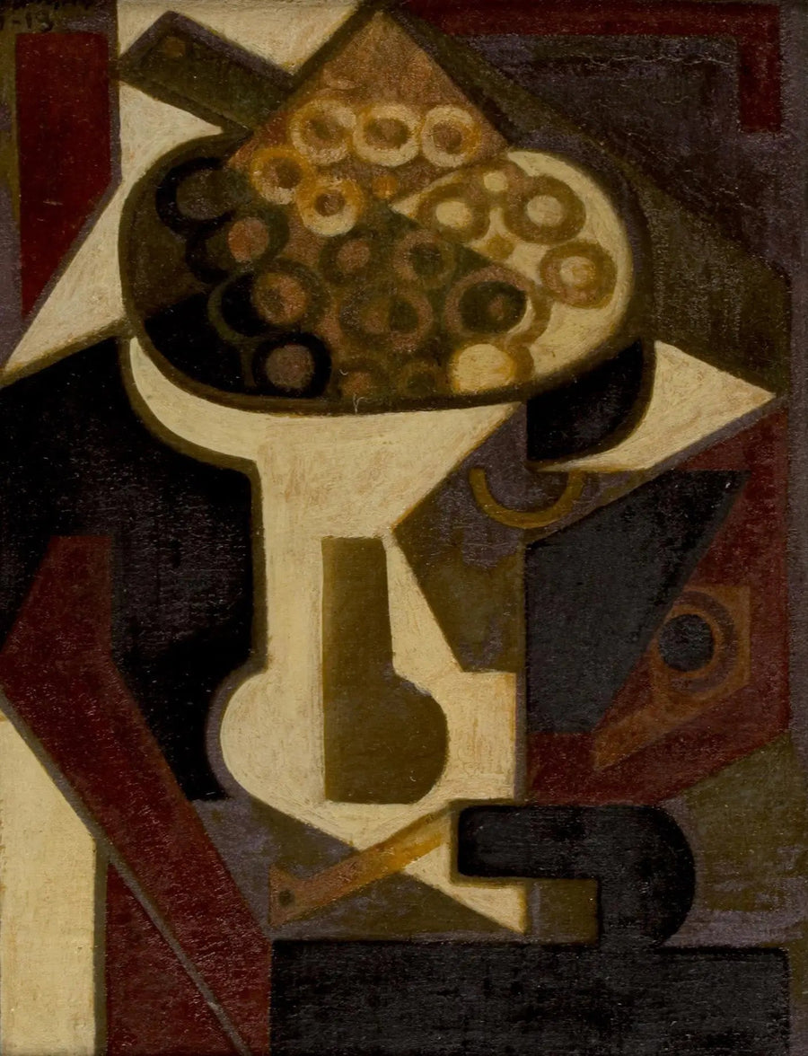 En skål med druer og en pibe på et bord - Juan Gris