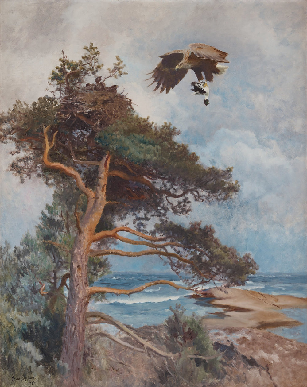 Un pygargue à queue blanche transporte sa proie (un garrot à œil d'or) vers son nid. - Bruno Liljefors image 1 tableau peint à l’huile sur toile