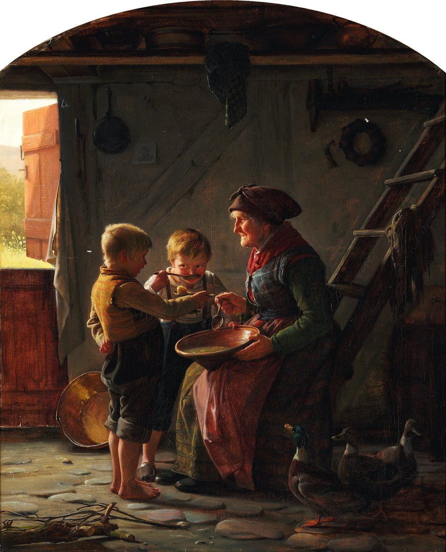 Et måltid. To drenge og en bedstemor smager kartoffelsuppen. - Carl Heinrich Bloch