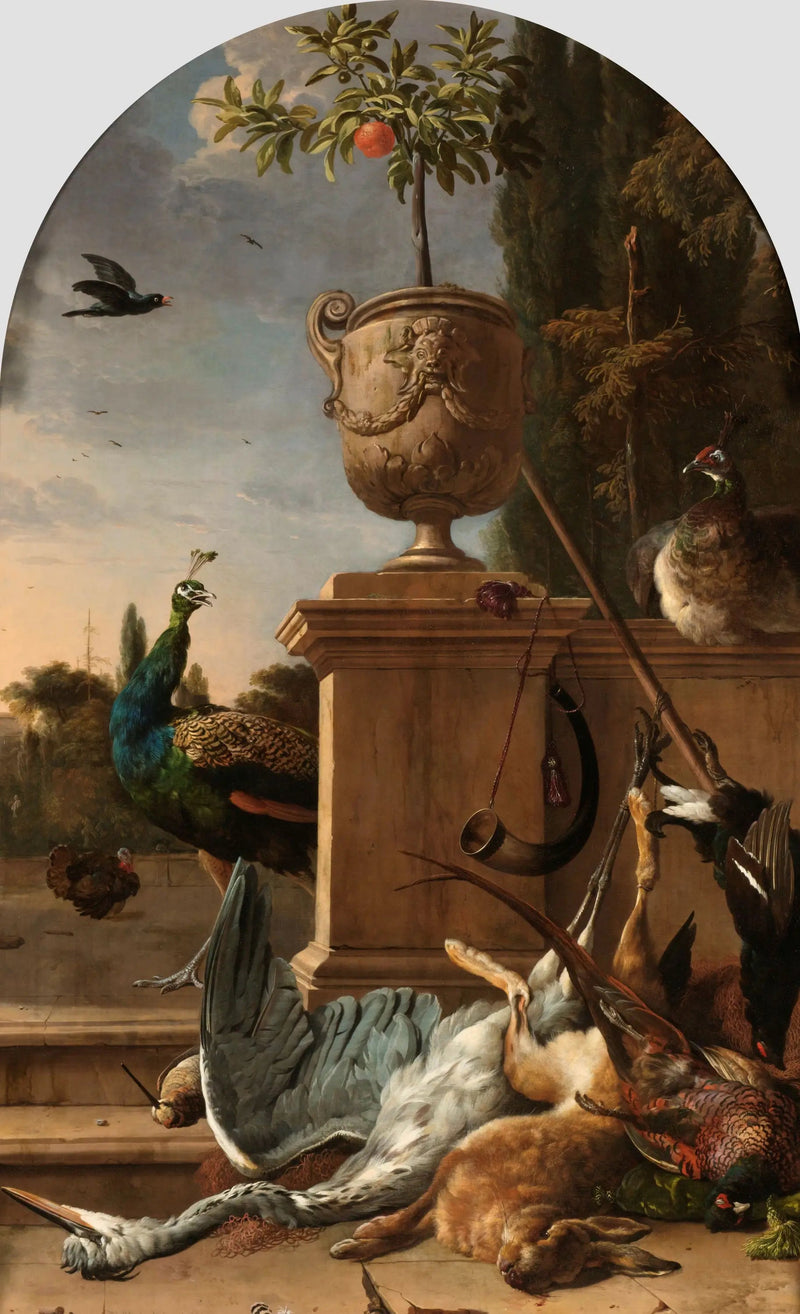 En jægersæk på en terrasse - Melchior de Hondecoeter