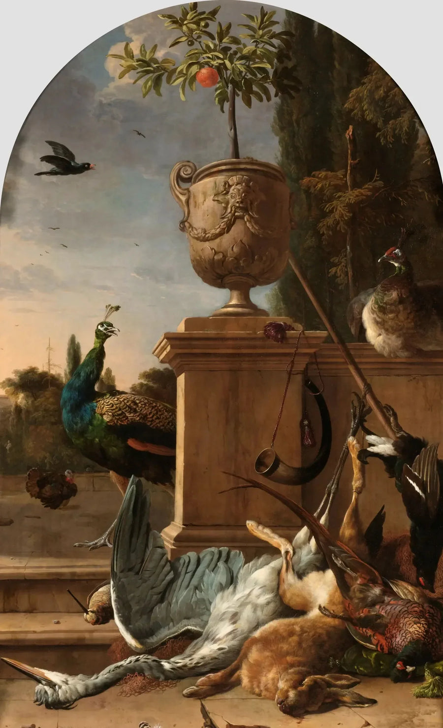 En jægersæk på en terrasse - Melchior de Hondecoeter