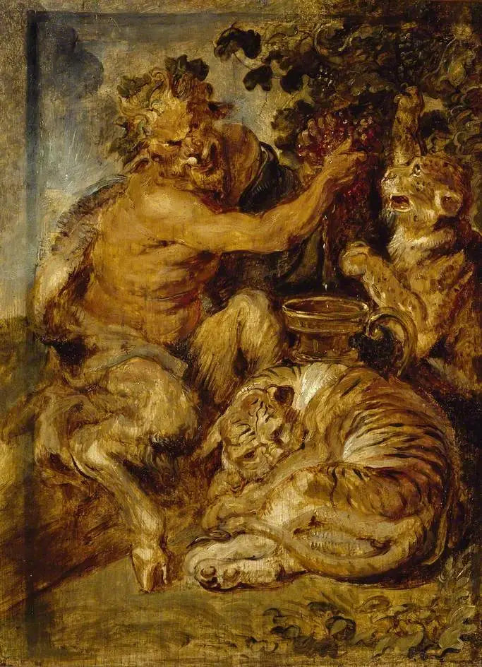 En satyr presser druer med en tiger og en leopard - Peter Paul Rubens