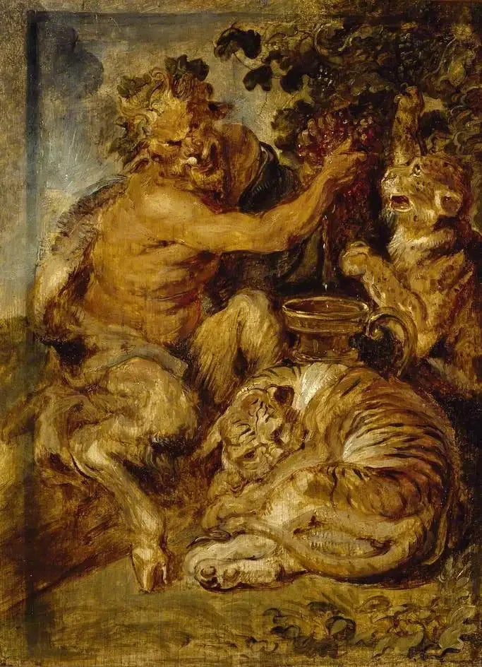 En satyr presser druer med en tiger og en leopard - Peter Paul Rubens