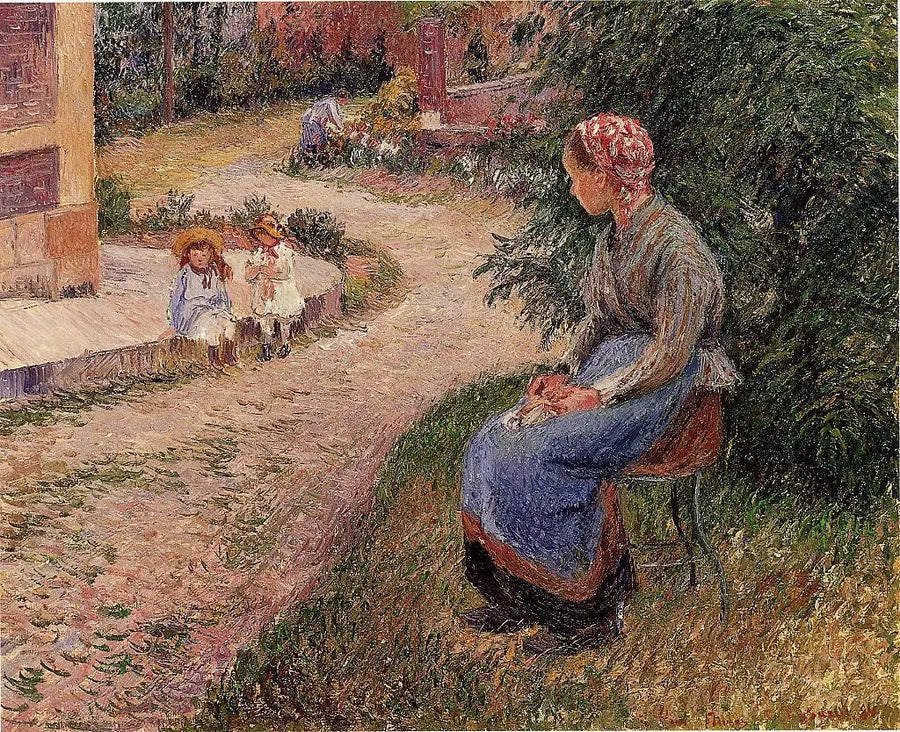 En tjener siddende i Eragny-haven - Camille Pissarro