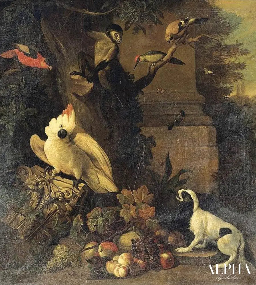 Un singe, un chien et divers oiseaux dans un paysage - Tobias Stranover - Reproductions de tableaux et peintures haut de gamme