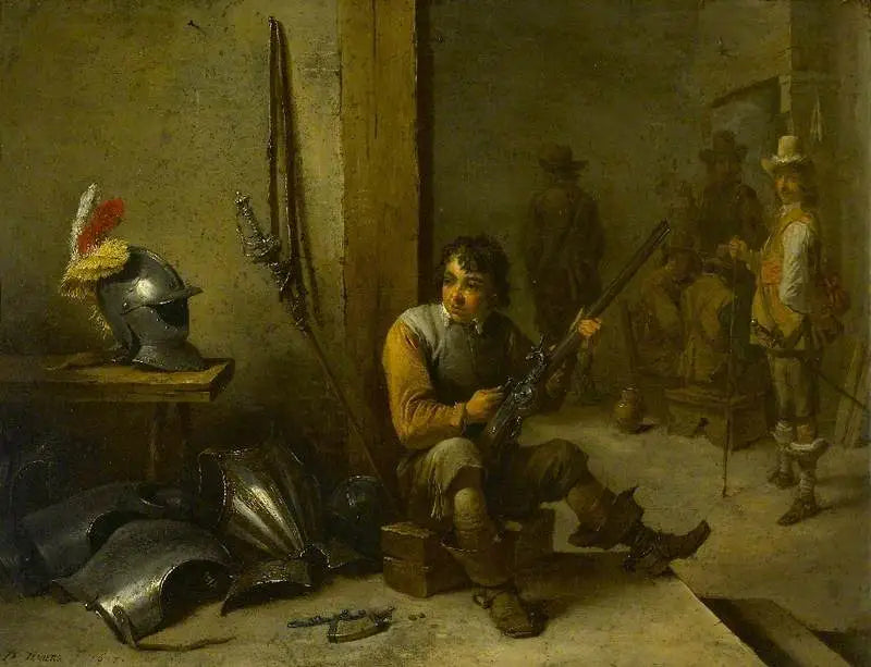 En soldat, der rengør en flintgevær i en vagtstue, en rustning ved siden af ham og soldater i baggrunden - David Teniers den Yngre