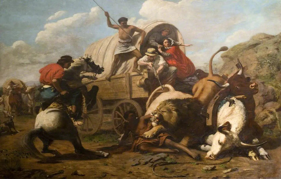 En okse-vogn angrebet af en løve - Edwin Henry Landseer