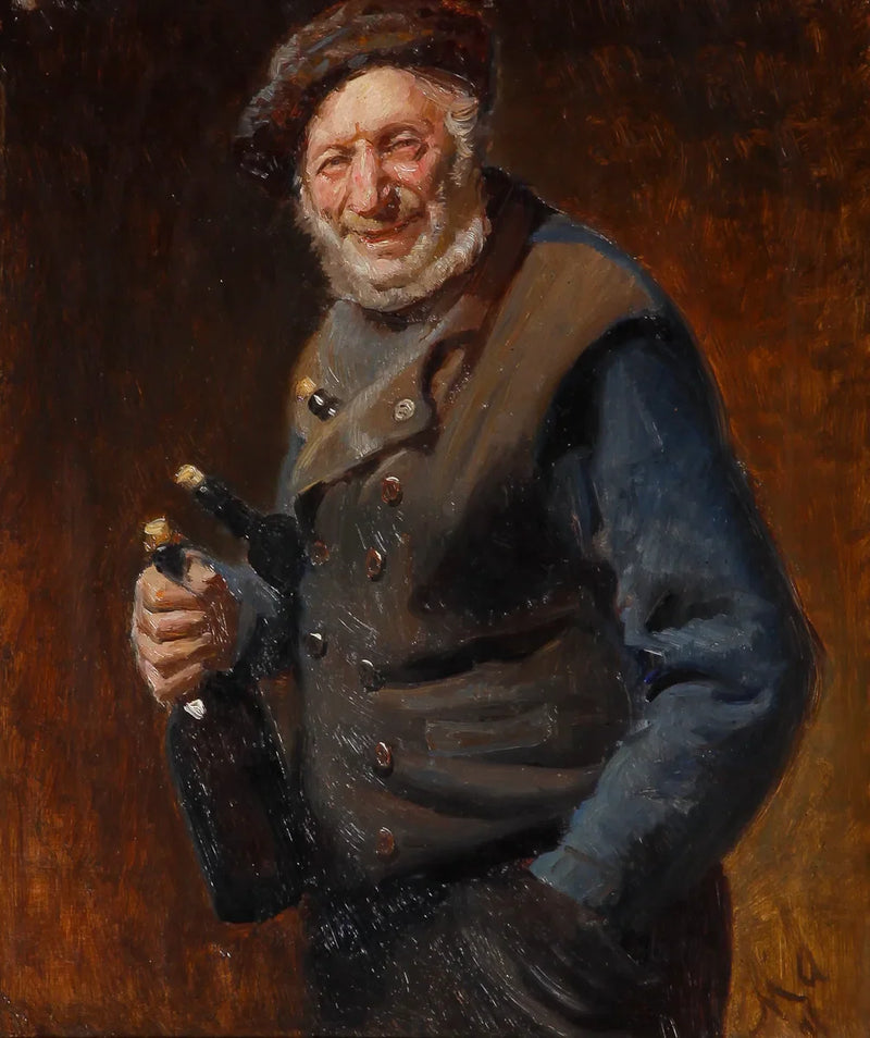 En gammel mand fra Skagen med flasker i hånden og i lommerne. - Michael Peter Ancher