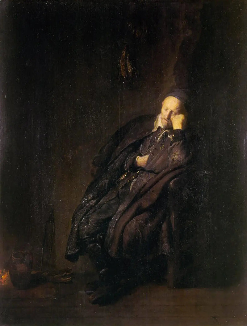 En gammel mand sover nær - Rembrandt