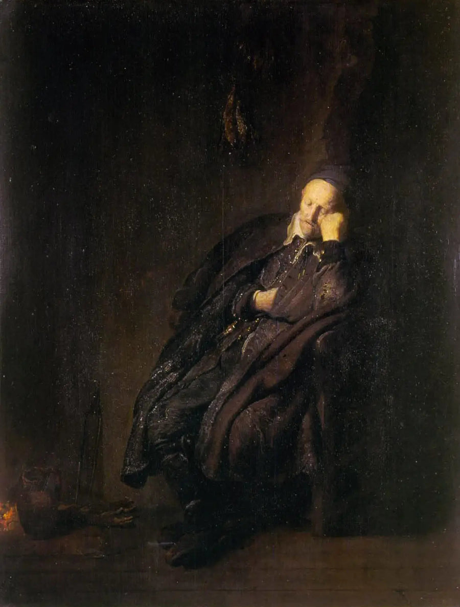 En gammel mand sover nær - Rembrandt