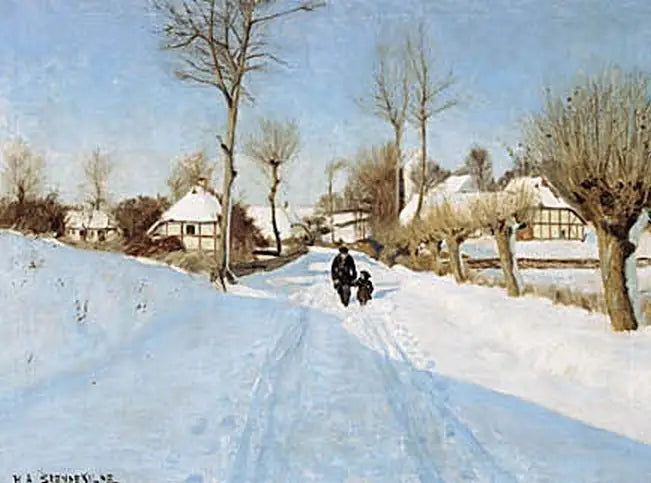 En gammel mand og en lille pige mellem huse med stråtag. - H. A. Brendekilde