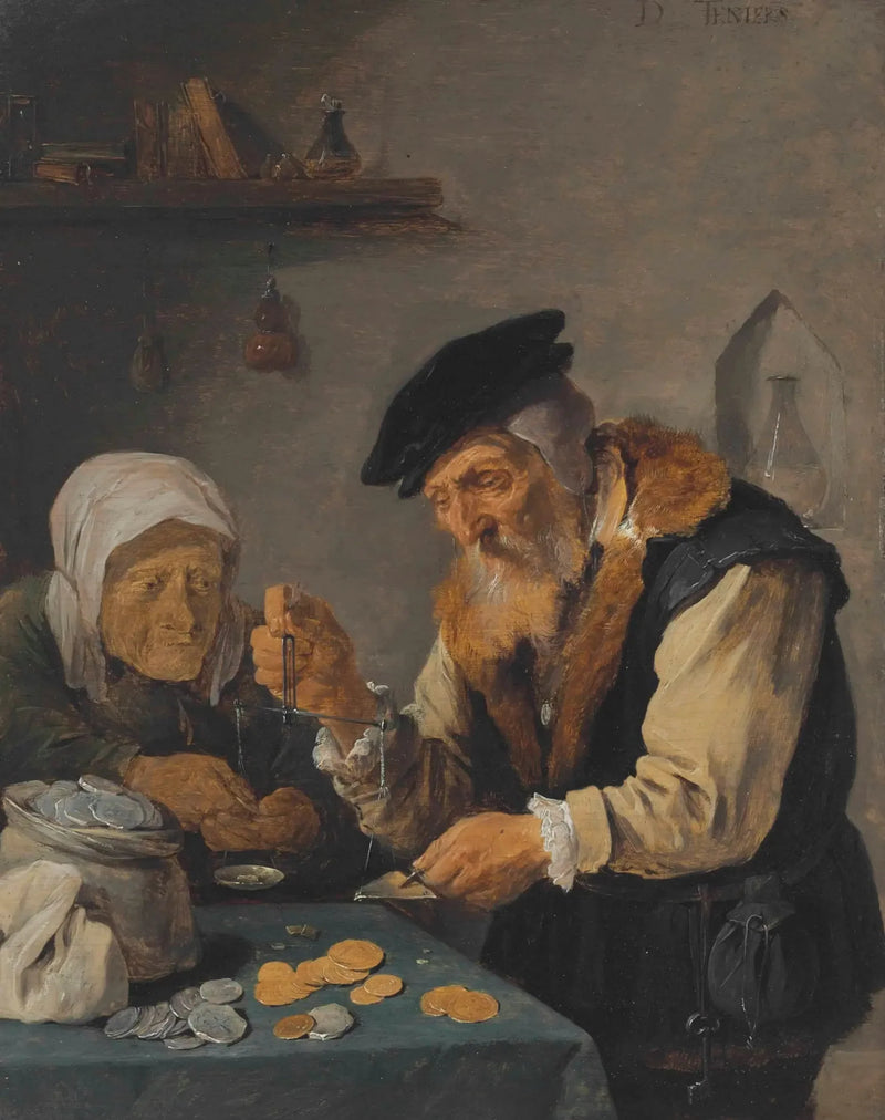 En gammel mand og en gammel kvinde vejer mønter - David Teniers den Yngre