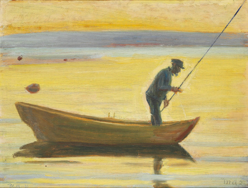 En gammel mand fisker fra en båd. - Michael Peter Ancher