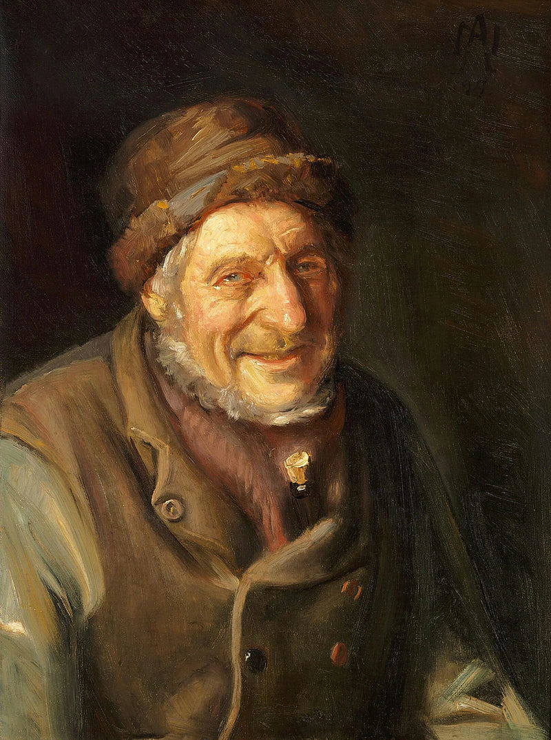 En smilende gammel mand fra Skagen med en flaske gemt under vesten. - Michael Peter Ancher