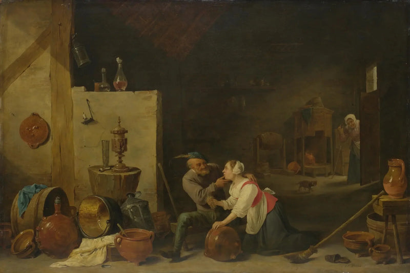 En gammel bonde kæler for en køkkenpige i en stald - David Teniers den Yngre