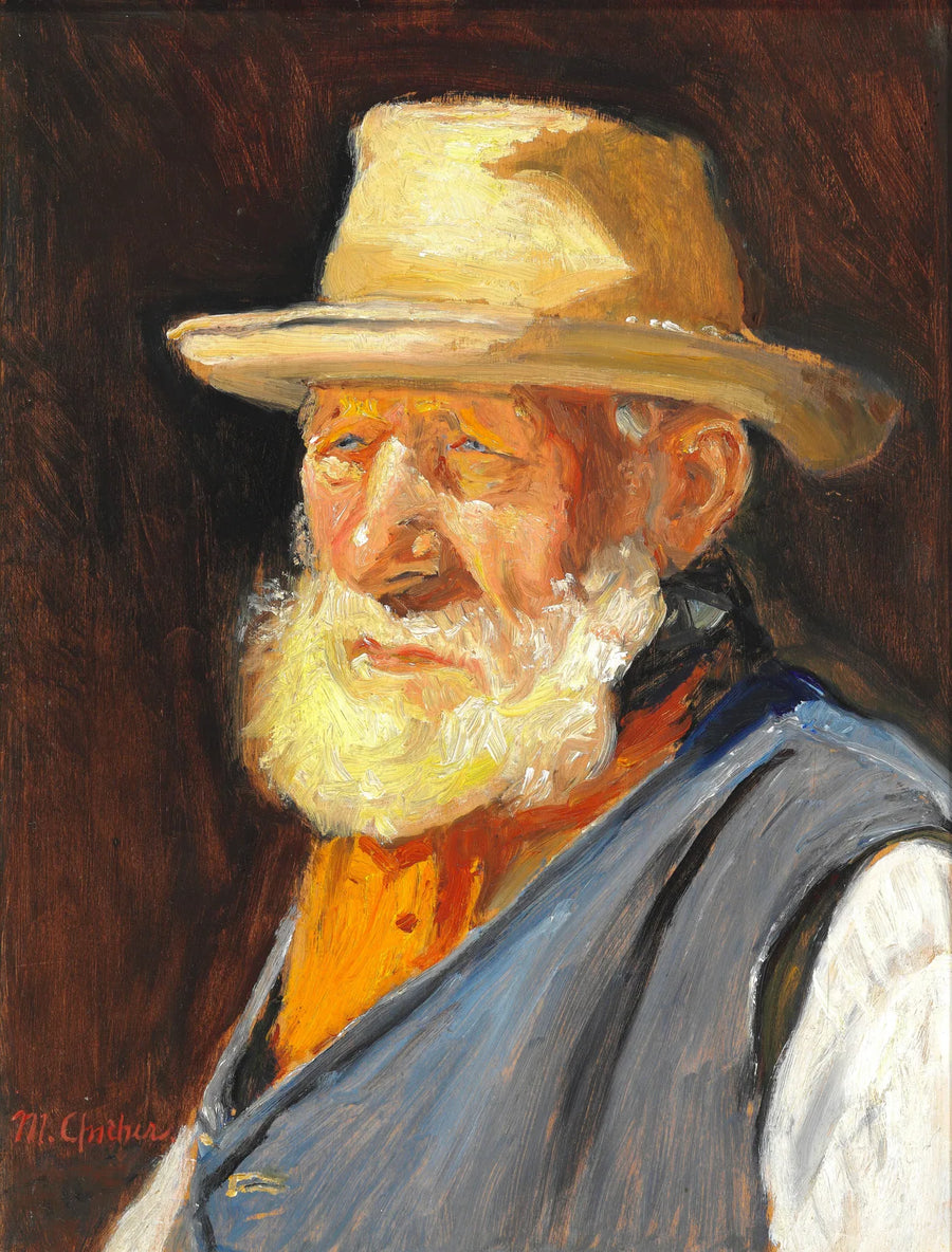 En gammel fisker i solen, iført en let sommerhat og en blå vest. - Michael Peter Ancher