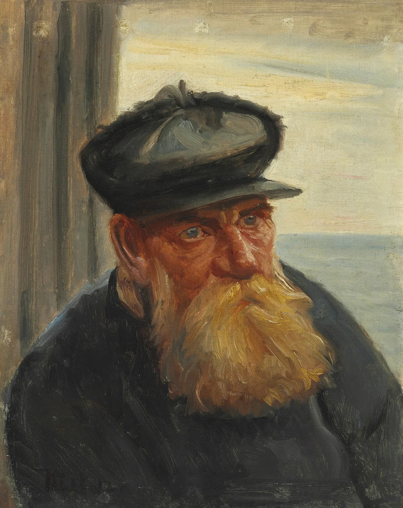 En gammel fisker i en døråbning, havet i baggrunden, Skagen - Michael Peter Ancher