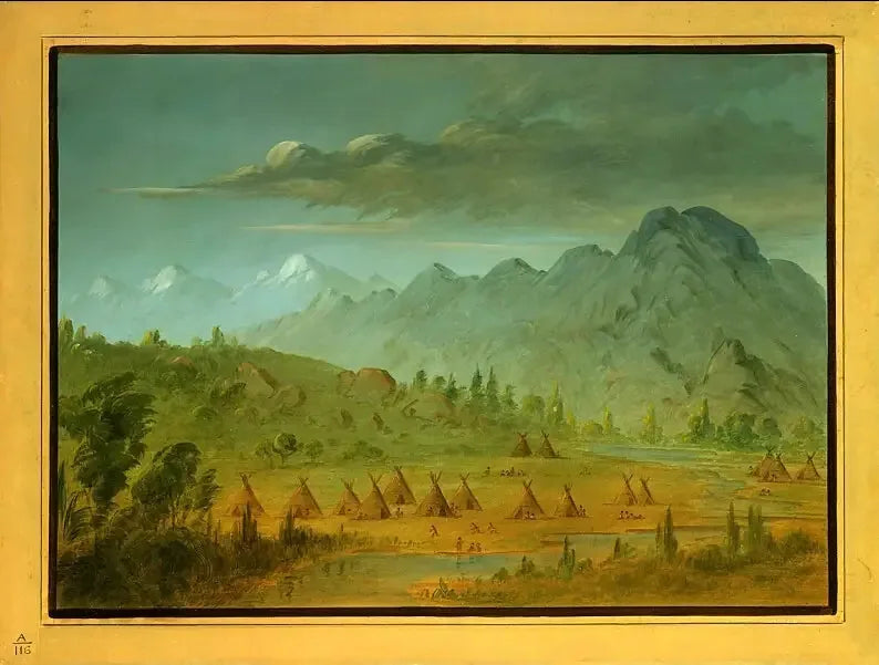 En landsby ravn og Salmon-flodens bjerge - George Catlin