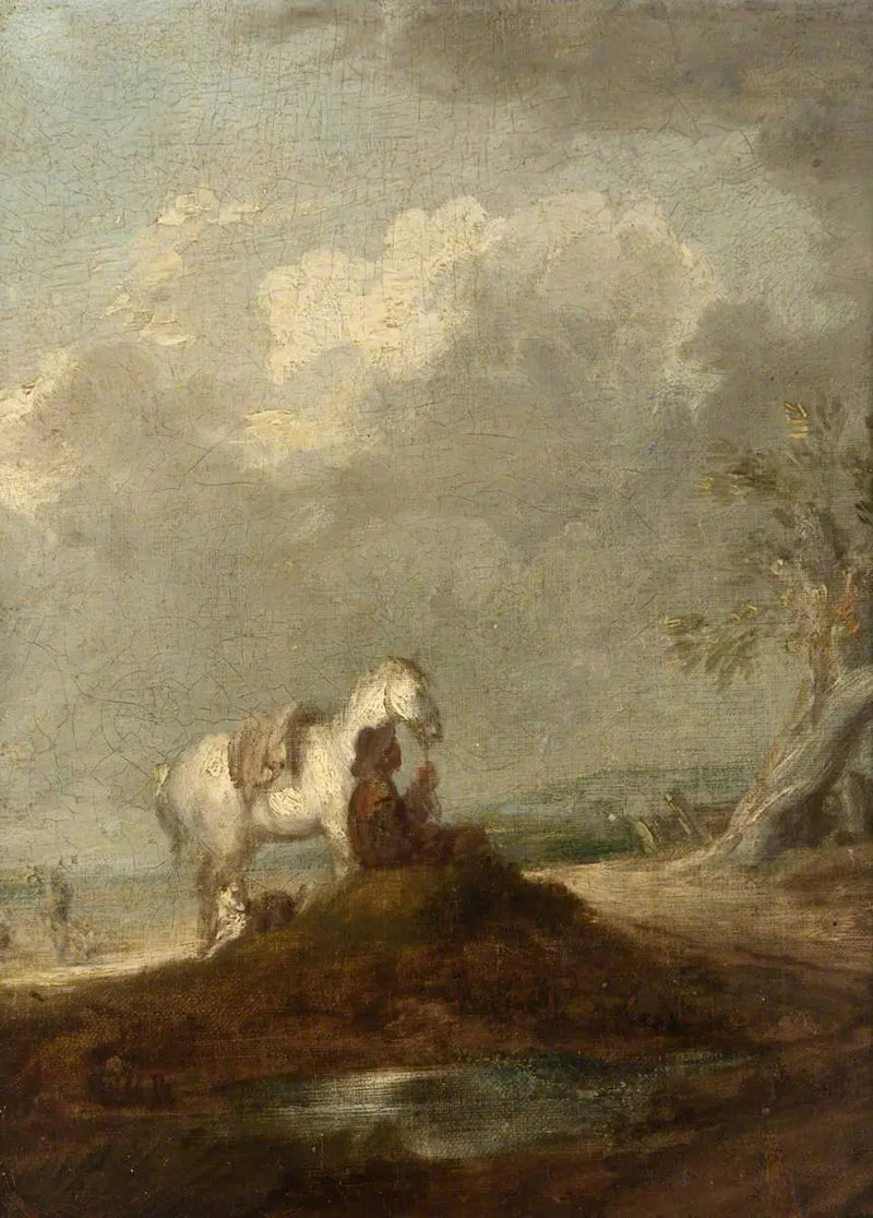 En rejsende sidder på en landevej, holder en hvid hest - Thomas Gainsborough