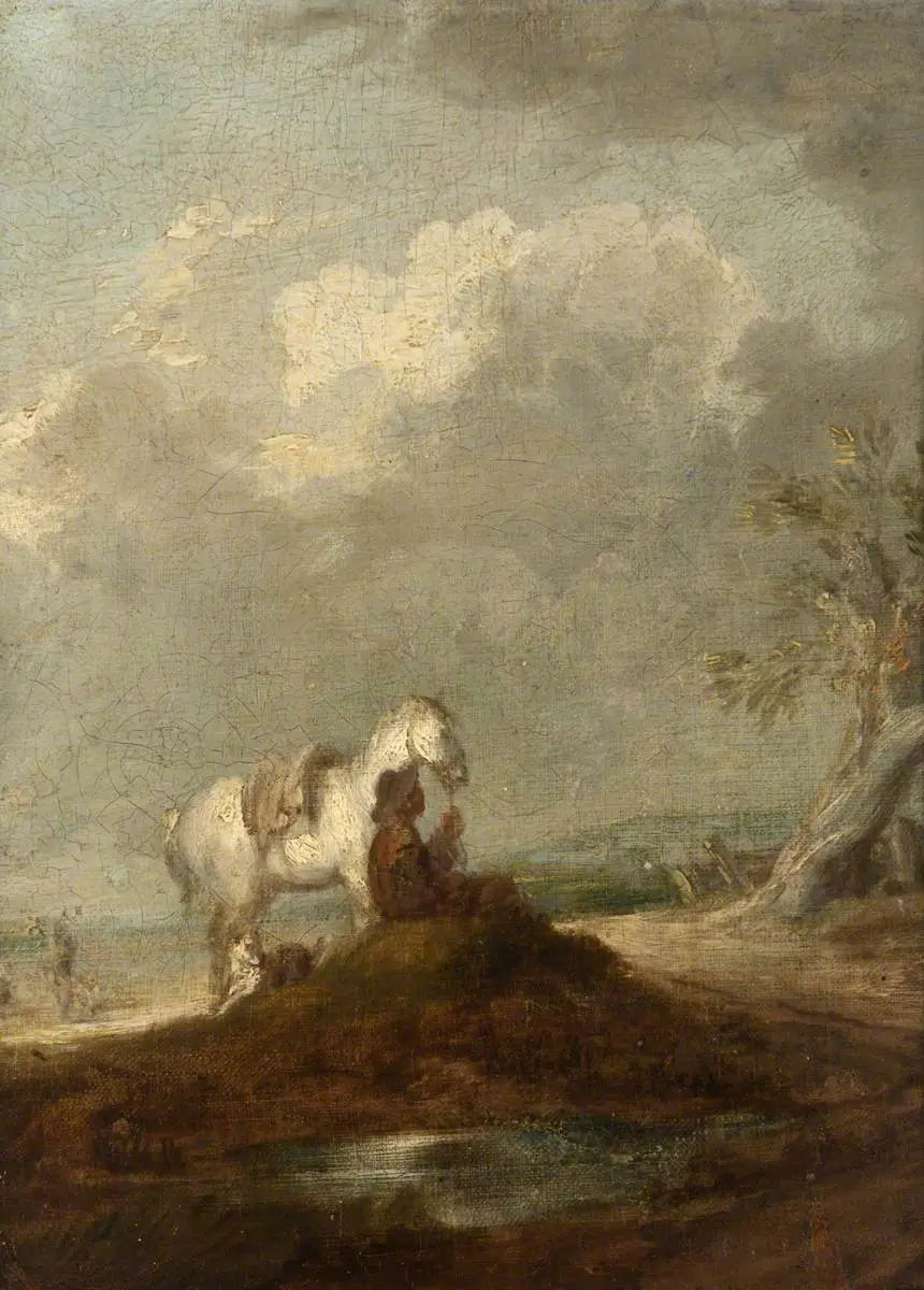 En rejsende sidder på en landevej, holder en hvid hest - Thomas Gainsborough