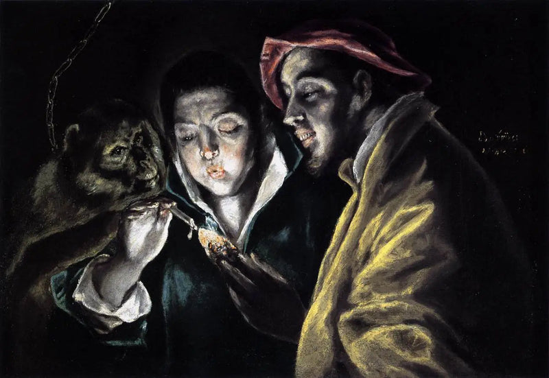 En allegori med en dreng, der tænder et stearinlys sammen med en abe og en skør - El Greco