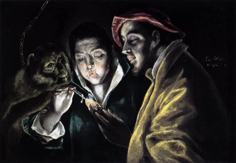 En allegori med en dreng, der tænder et stearinlys sammen med en abe og en skør - El Greco
