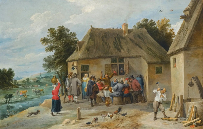 En bondegårdsherberge, med værtinden, der saver træ - David Teniers le Jeune
