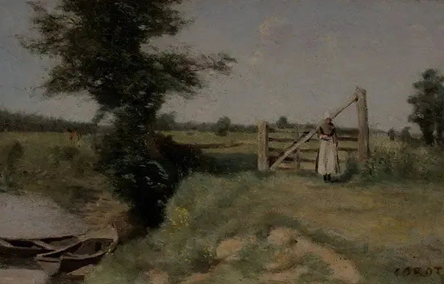 En barriere i engen ved kanalen. Omkring Abbeville - Jean-Baptiste Camille Corot