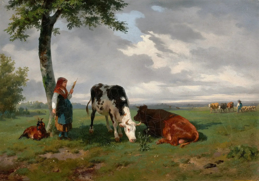 En hyrdedame med en ged og to køer på en mark - Rosa Bonheur