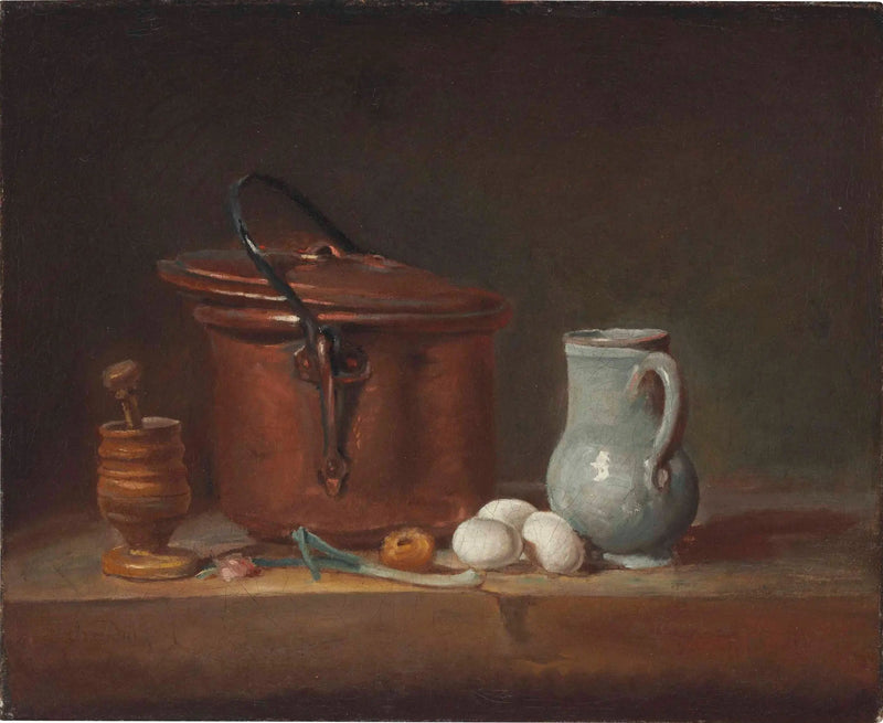 En kobbersauce, en morter og en støder, en kande, en forårsløg, æg og en løg på en hylde - Jean Siméon Chardin