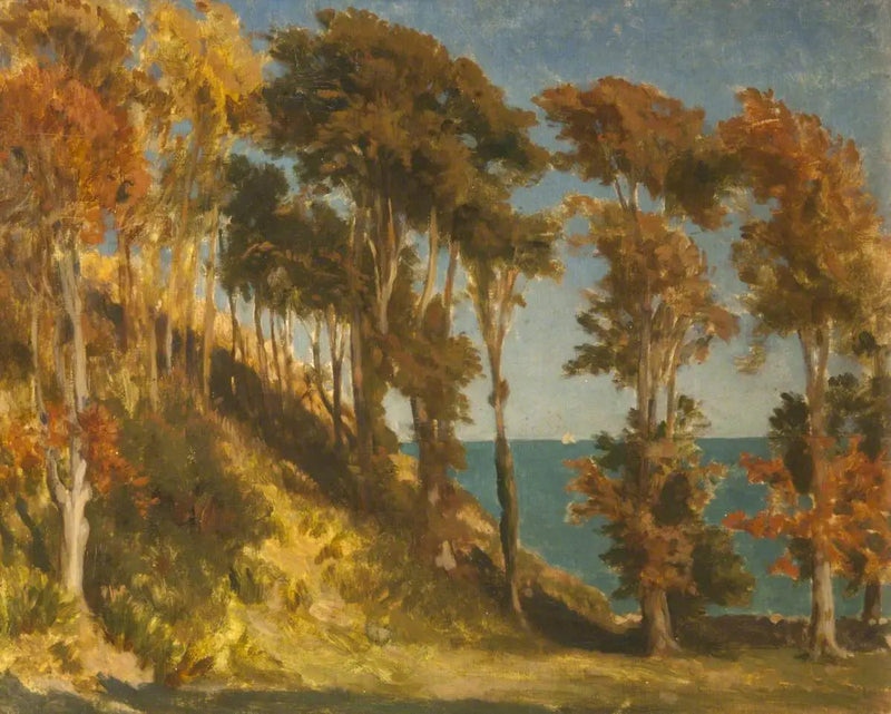 En skovklædt bakke med havet i det fjerne - Frederic Leighton