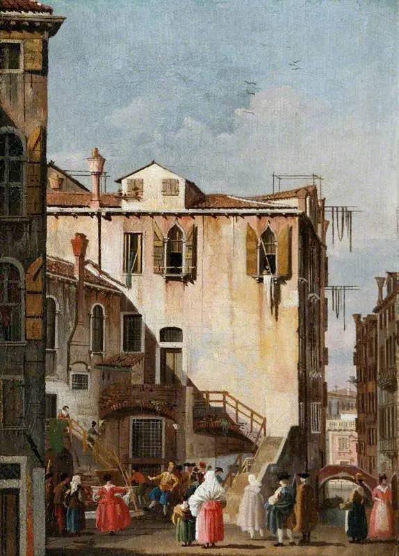 En gård i Venedig med en mand og en kvinde, der danser - Canaletto