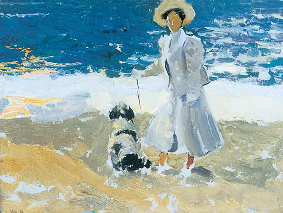 En dame og en hund på stranden - Joaquín Sorolla