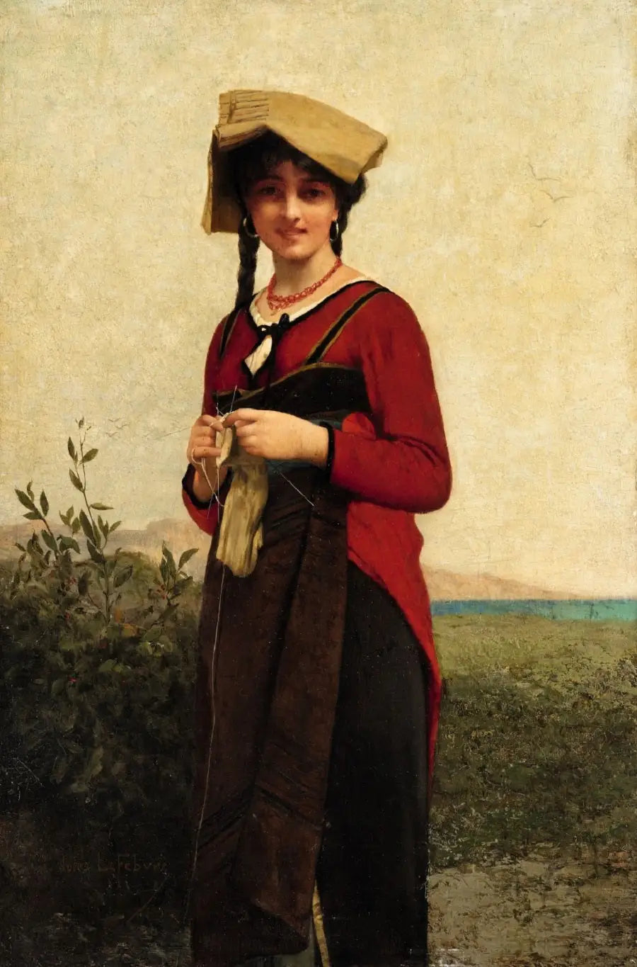 En italiensk dame, der strikker - Jules Lefebvre