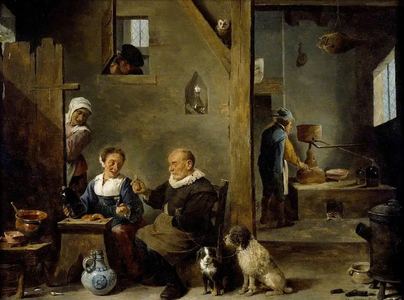 En destilleri med en ældre mand, der køber gin af en kvinde - David Teniers den Yngre