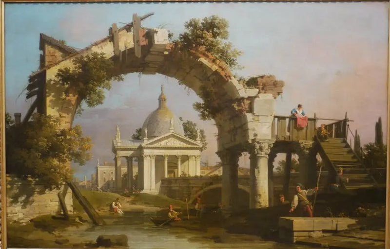 En kirke i kuppelform set gennem en ruinarkade - Canaletto
