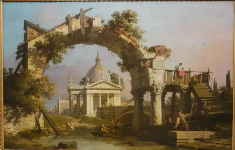 En kirke i kuppelform set gennem en ruinarkade - Canaletto