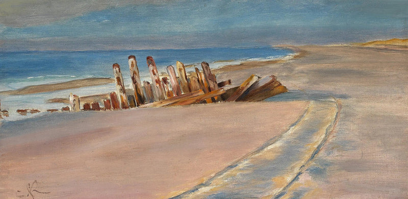 En skibsvrag på den nordlige strand i Skagen. Dybe hjulspor i sandet. - Peder Severin Krøyer