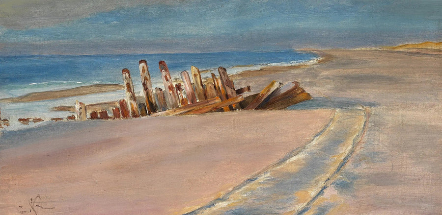 En skibsvrag på den nordlige strand i Skagen. Dybe hjulspor i sandet. - Peder Severin Krøyer