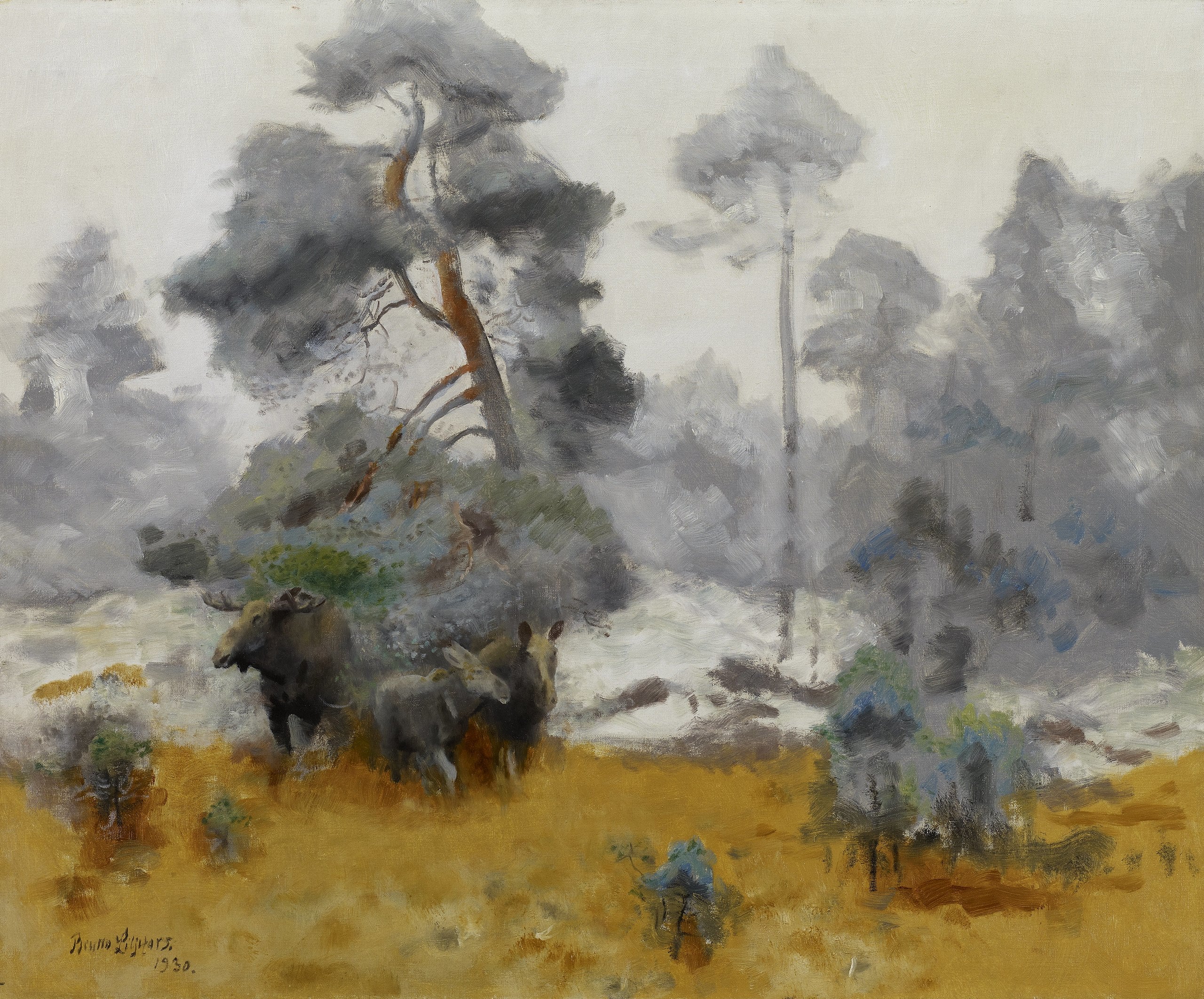 Une famille d'orignaux entre dans une clairière - Bruno Liljefors image 1 tableau peint à l’huile sur toile
