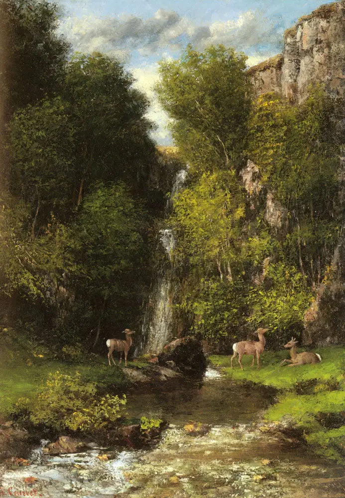 En familie af hjorte i et landskab med et vandfald - Gustave Courbet