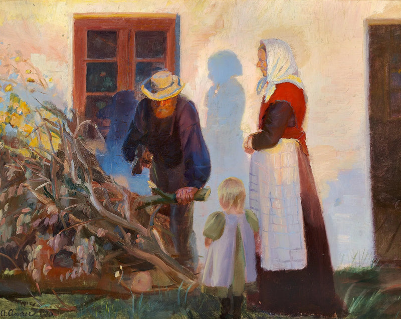 En familie i Skagen saver grene foran et hus. - Anna Ancher