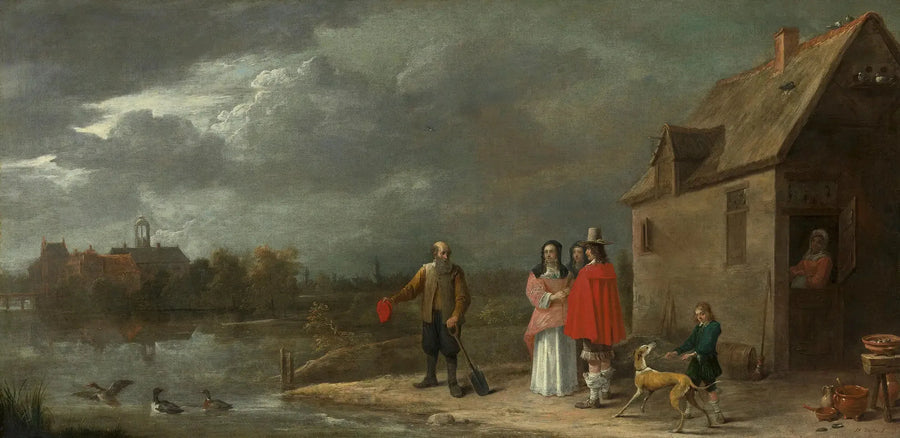 En familie stående i et landskab med et hus omgivet af en voldgrav i baggrunden - David Teniers den Yngre